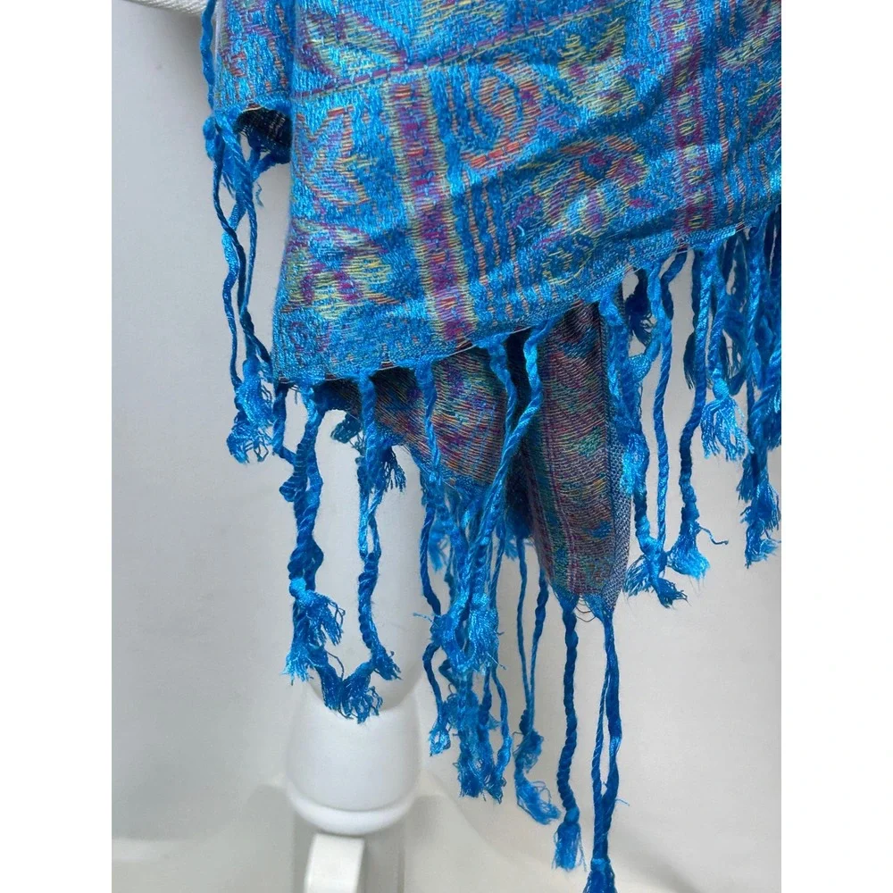 Blue Paisley Jacquard Pashmina Shawl Scarf Fringe Wrap Floral Print Boho